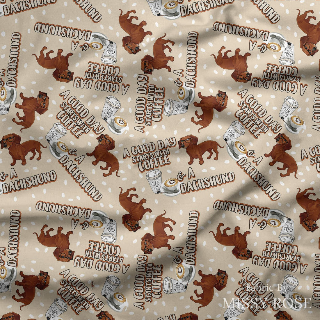 Design 171 Dachshund Fabric draped fabric mockup – custom printed fabric by the metre | Fabric by Missy Rose