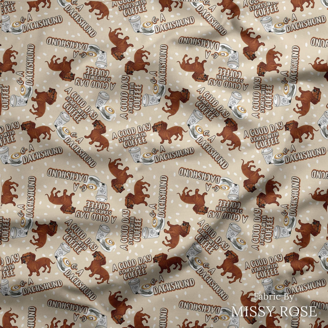 Design 171 Daschund Fabric draped fabric mockup – custom printed fabric by the metre | Fabric by Missy Rose