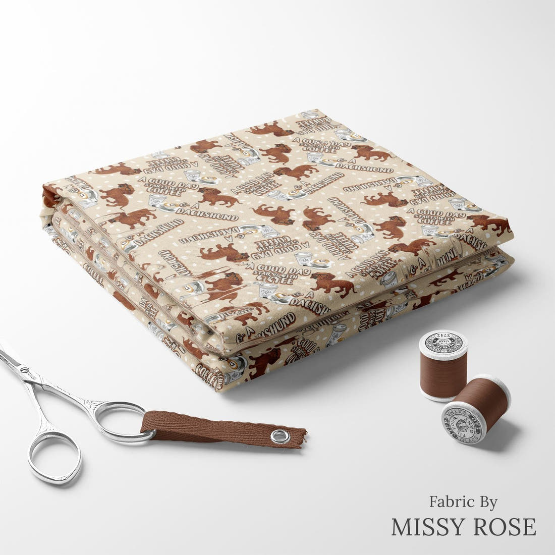 Design 171 Daschund Fabric folded fabric stack with matching thread – pre-order fabric Australia | Fabric by Missy Rose