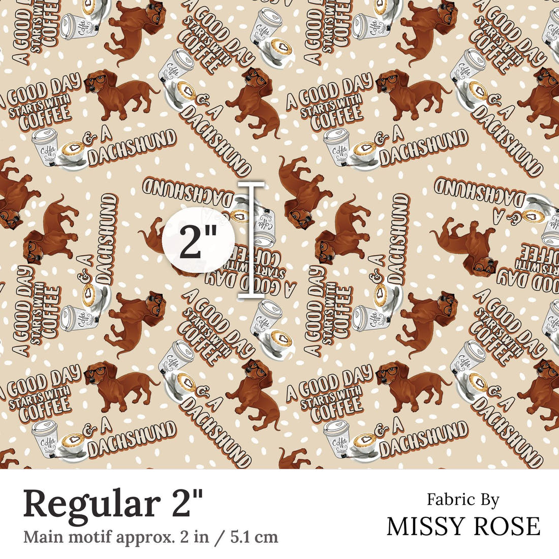 Design 171 Daschund Fabric Regular 2 inch print scale guide | Fabric by Missy Rose