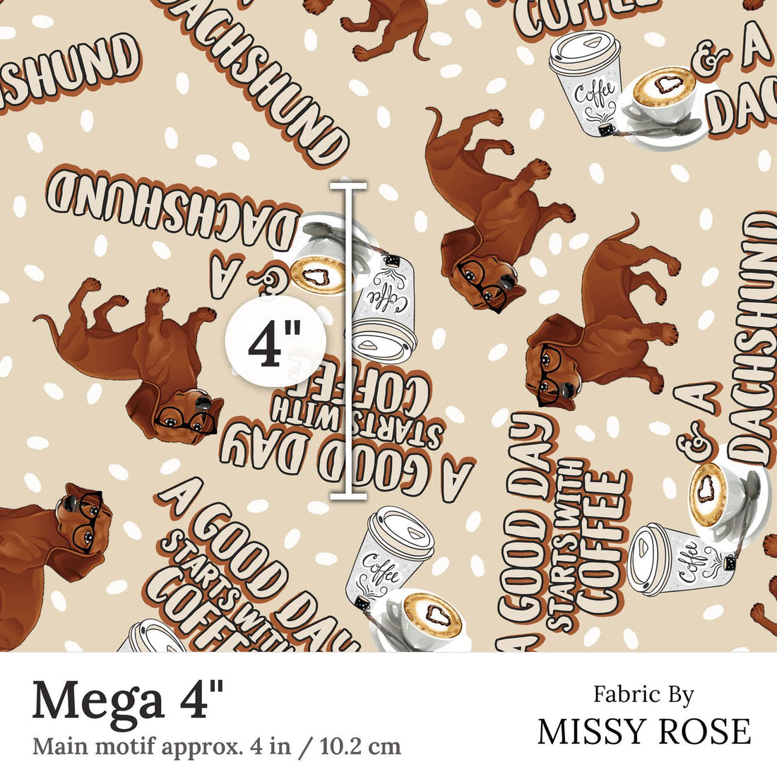 Design 171 Daschund Fabric Mega 4 inch print scale guide | Fabric by Missy Rose