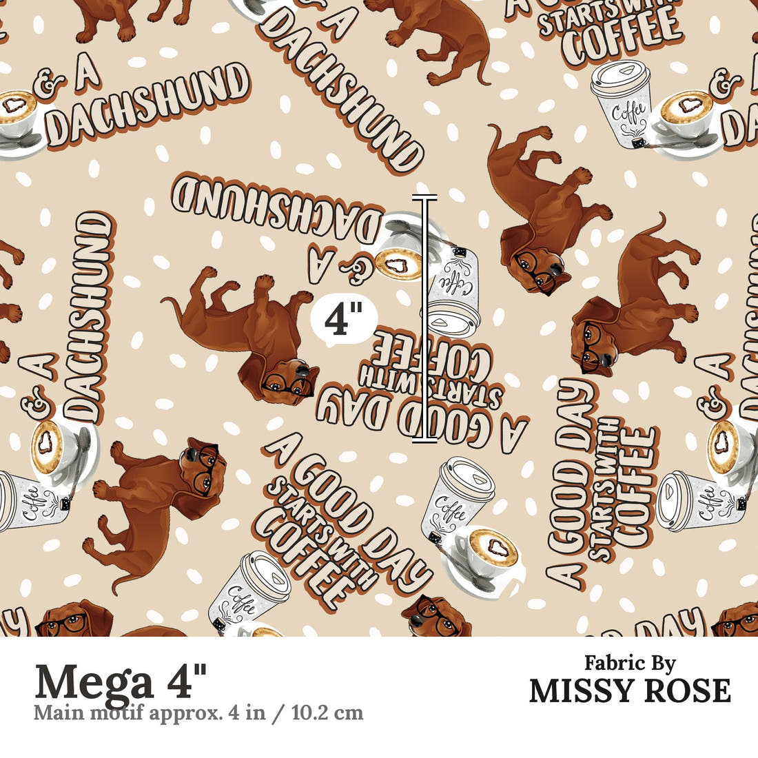 Design 171 Dachshund Fabric Mega 4" - print scale | Fabric by Missy Rose