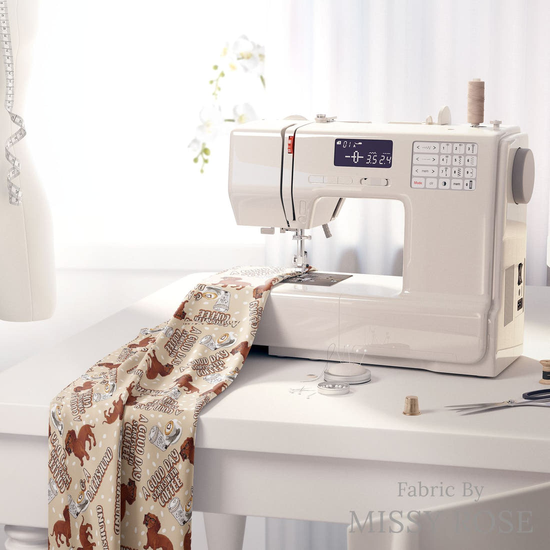 Design 171 Daschund Fabric on a sewing machine – premium fabric for sewing projects | Fabric by Missy Rose