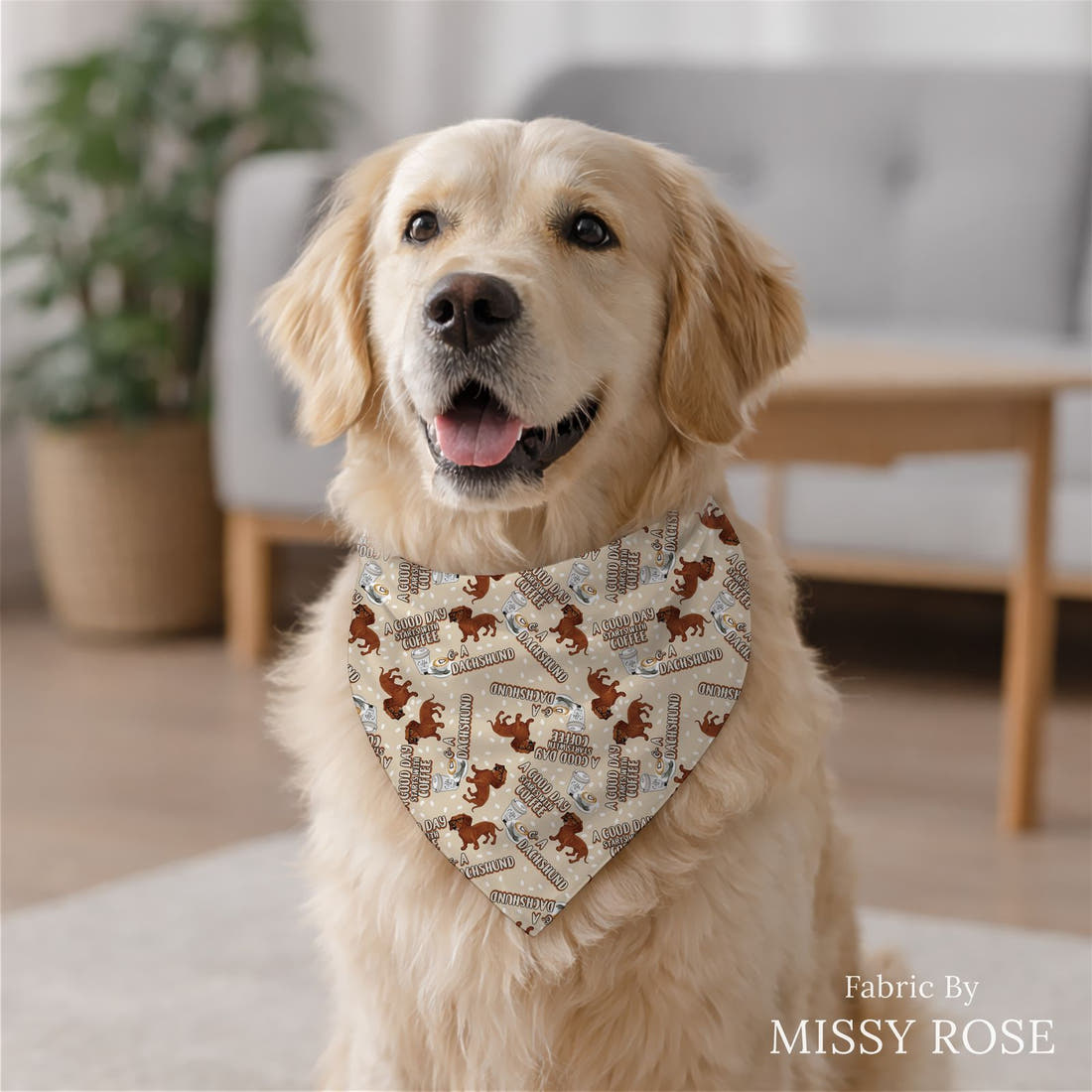 Design 171 Daschund Fabric sewn into a dog bandana – see how the print looks made up | Fabric by Missy Rose