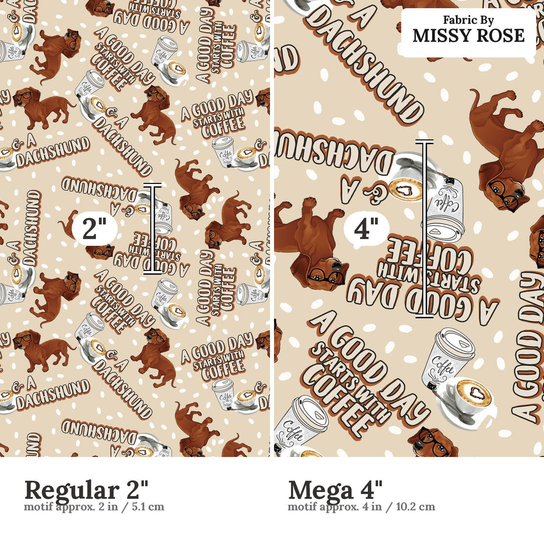 Design 171 Dachshund Fabric size comparison - print scale | Fabric by Missy Rose