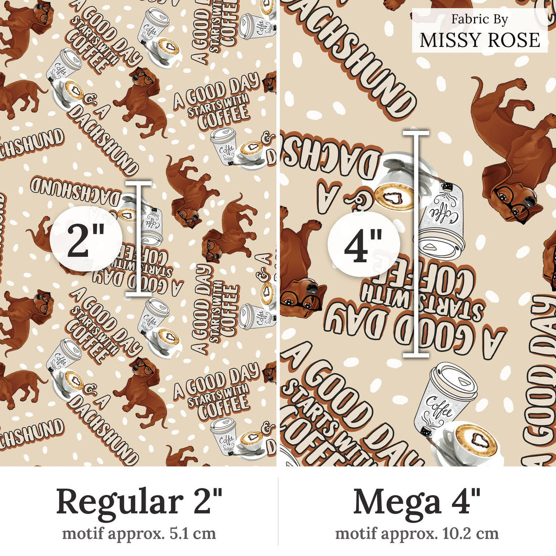 Design 171 Daschund Fabric Regular 2 inch vs Mega 4 inch print scale side by side | Fabric by Missy Rose