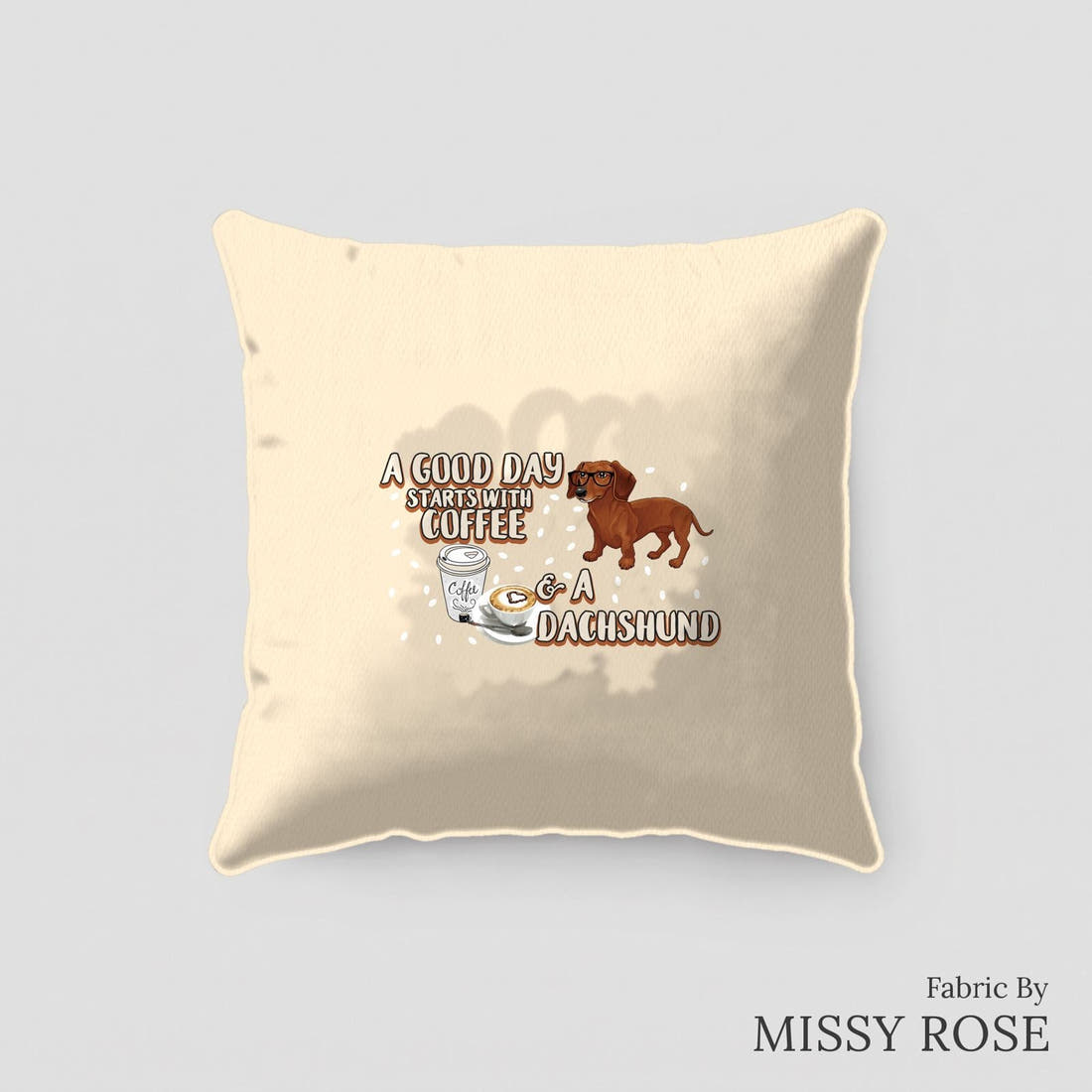 Design 171 Daschund Panel sewn into a cushion – see how the panel looks made up | Fabric by Missy Rose