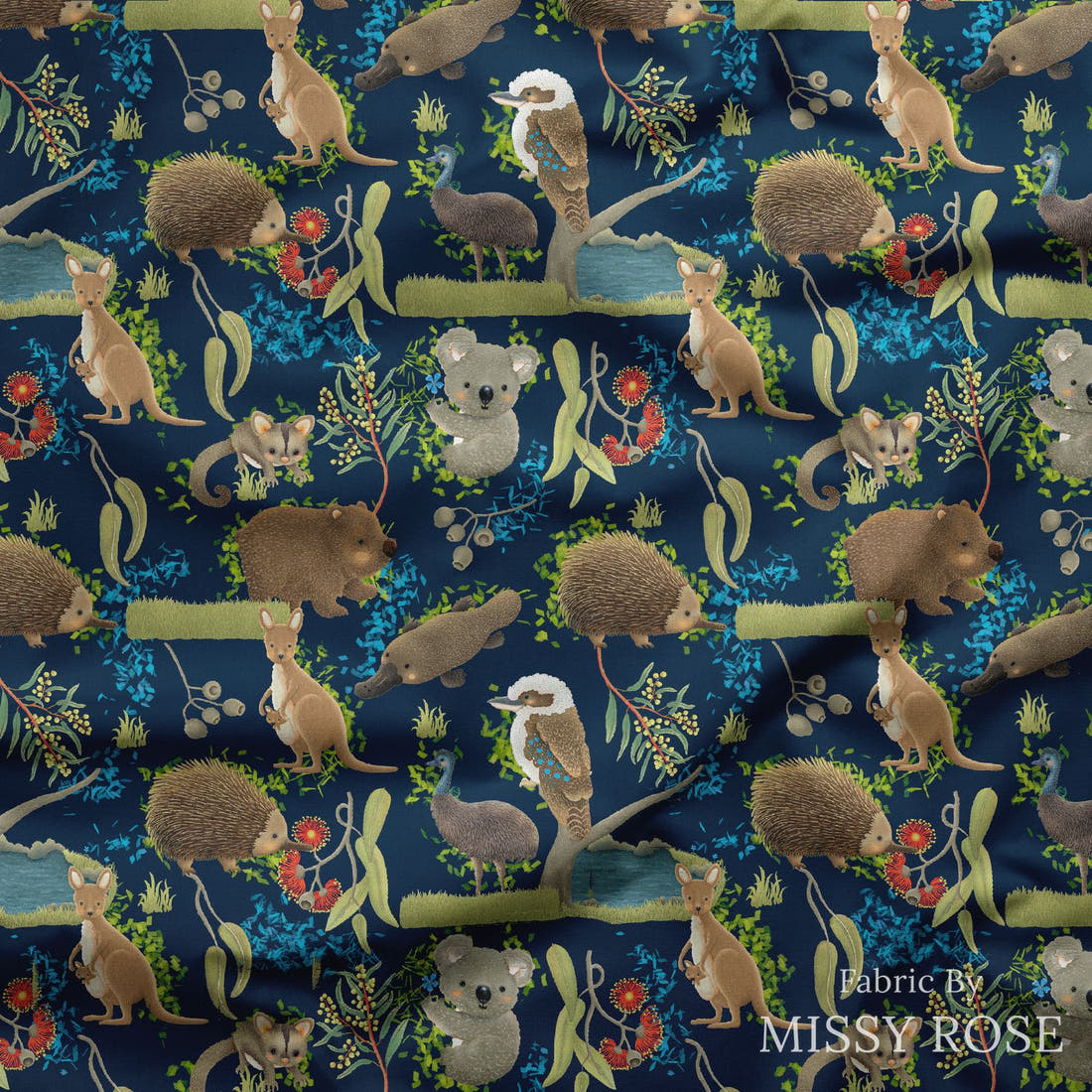 Design 172 Navy Australian Animal Fabric draped fabric mockup – custom printed fabric by the metre | Fabric by Missy Rose