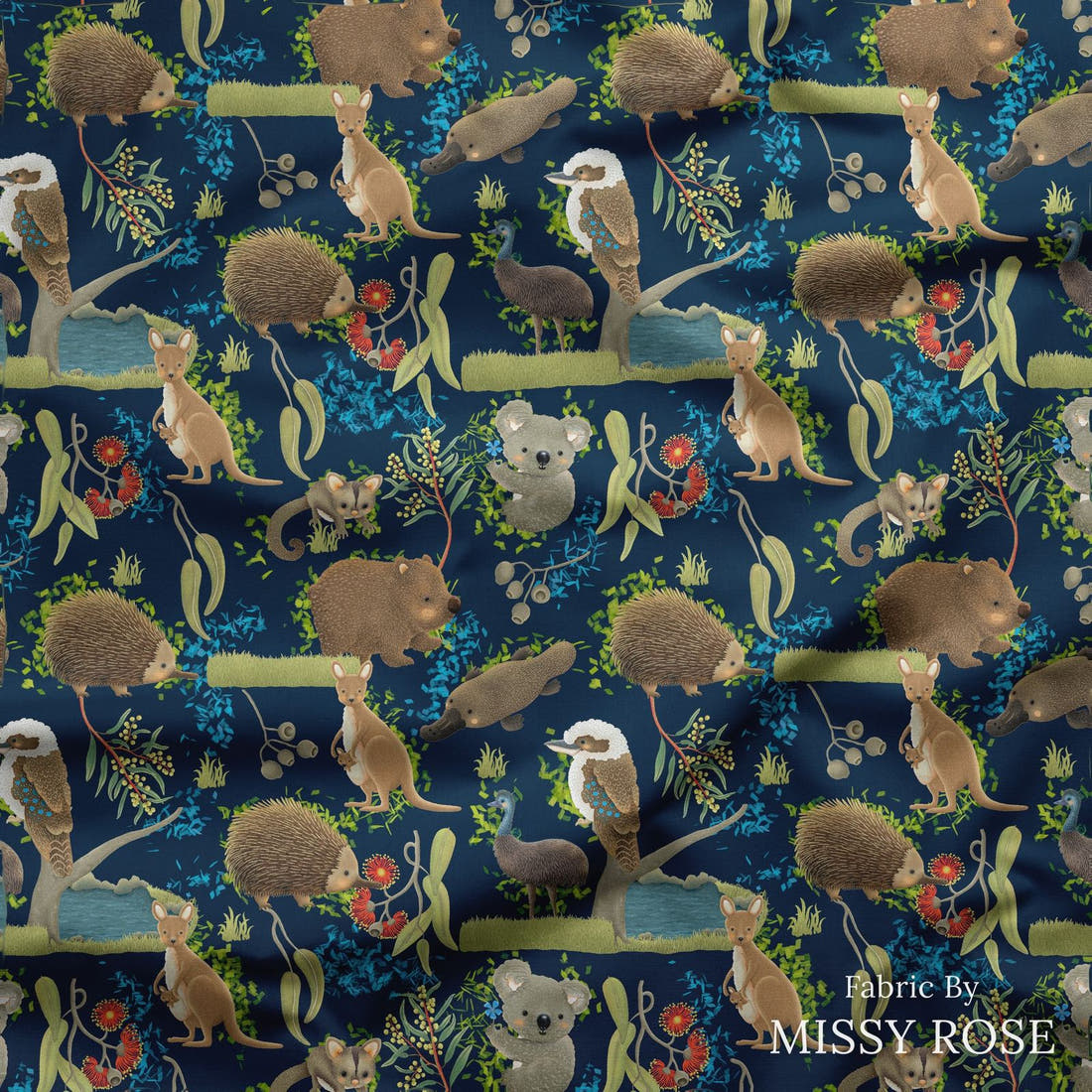 Design 172 Navy Australian Animal Fabric draped fabric mockup – custom printed fabric by the metre | Fabric by Missy Rose