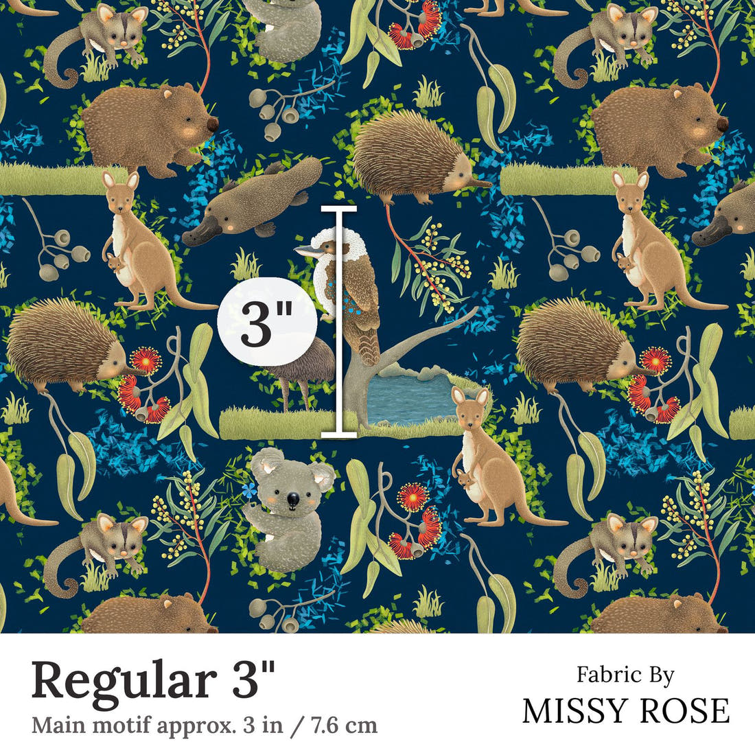 Design 172 Navy Australian Animal Fabric Regular 3 inch print scale guide | Fabric by Missy Rose