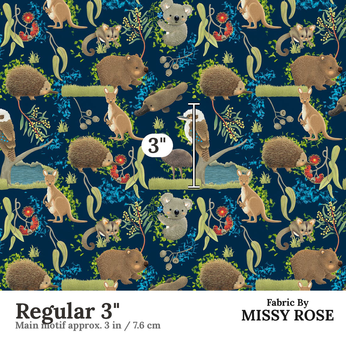 Design 172 Navy Australian Animal Fabric Regular 3" - print scale | Fabric by Missy Rose