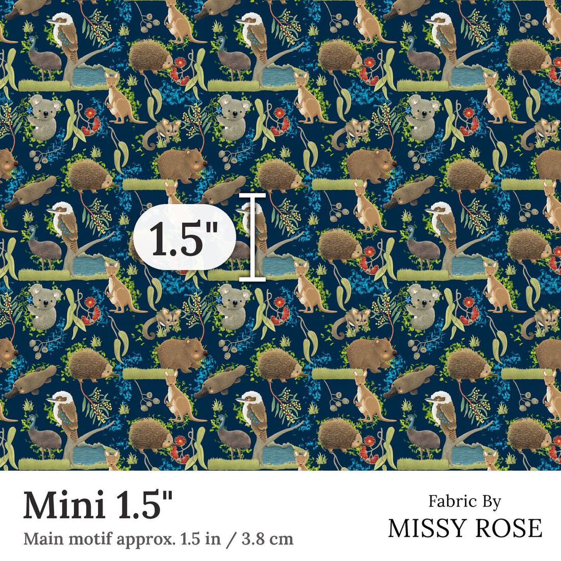 Design 172 Navy Australian Animal Fabric Mini 1.5 inch print scale guide | Fabric by Missy Rose