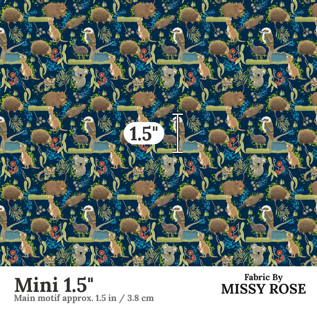 Design 172 Navy Australian Animal Fabric Mini 1.5" - print scale | Fabric by Missy Rose