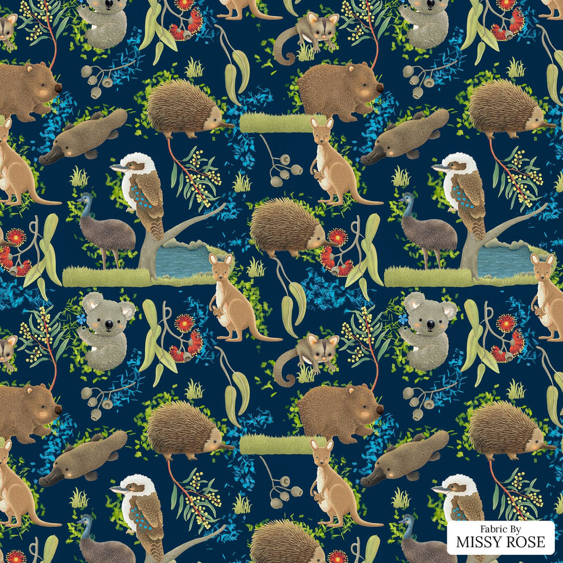 Design 172 Navy Australian Animal Fabric - flat view of the print, zoom in for detail | Fabric by Missy Rose