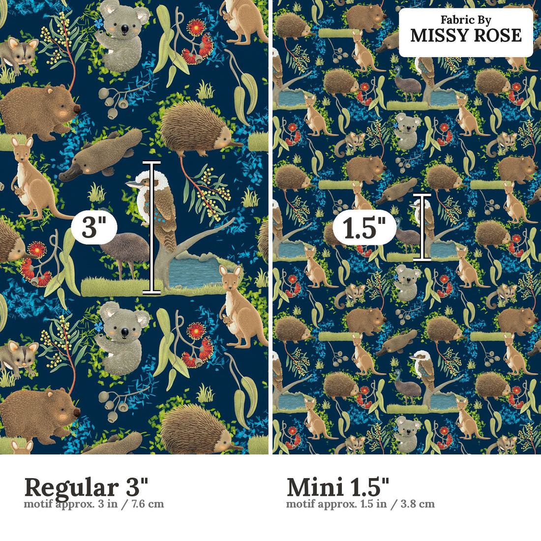 Design 172 Navy Australian Animal Fabric size comparison - print scale | Fabric by Missy Rose