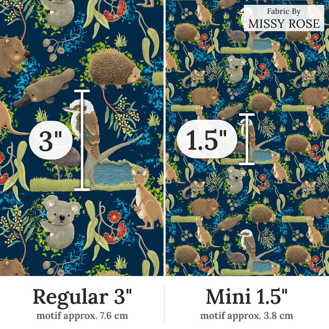 Design 172 Navy Australian Animal Fabric Regular 3 inch vs Mini 1.5 inch print scale side by side | Fabric by Missy Rose