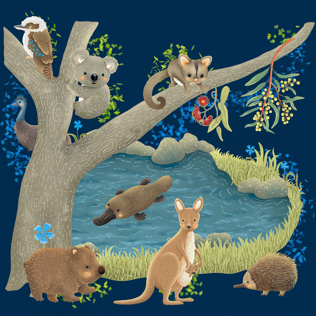 Design 172 Navy Australian Animal Panel – full artwork close-up of the printed picture | Fabric by Missy Rose