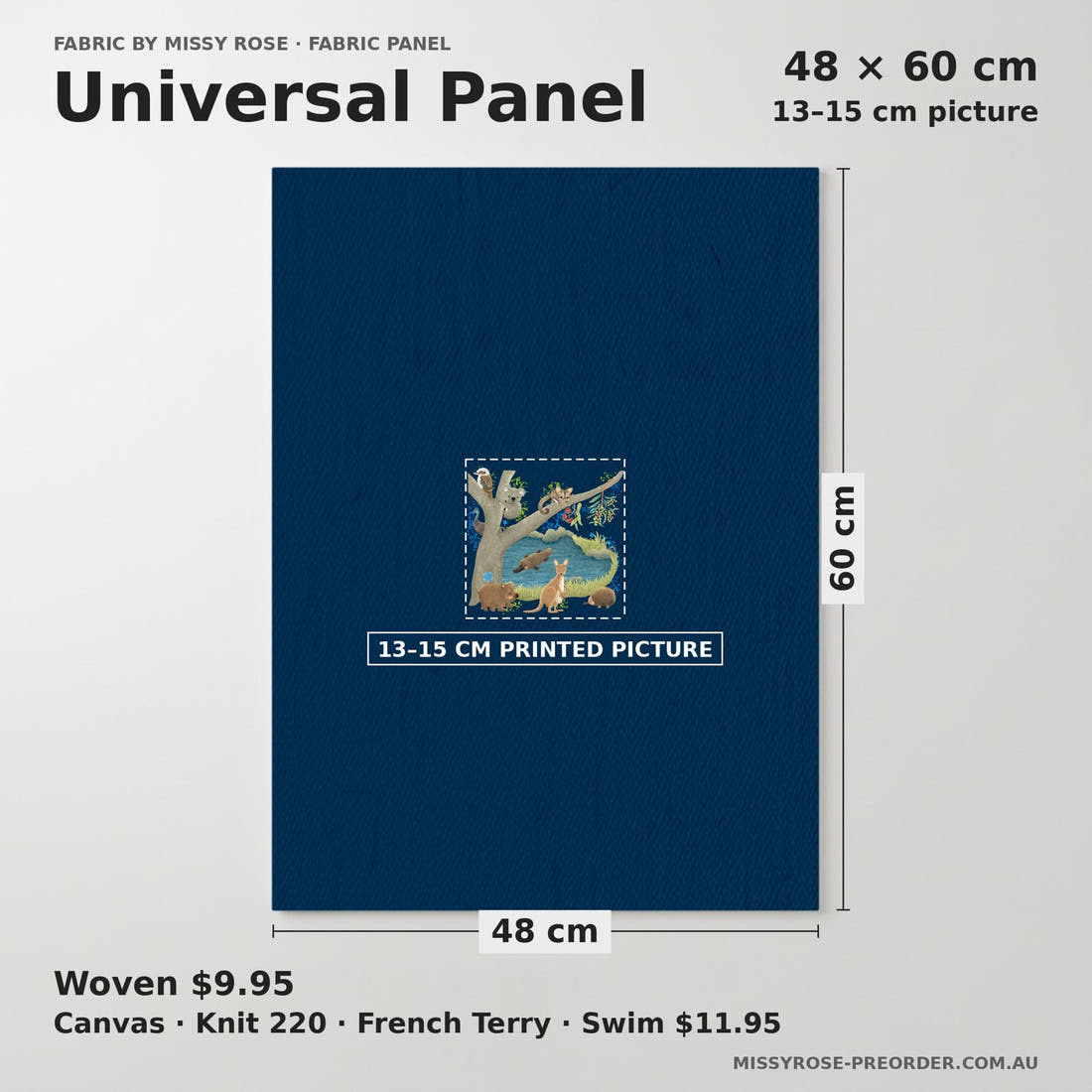 Design 172 Navy Australian Animal Panel universal panel sizing – 13–15 cm printed picture on 48 × 60 cm fabric | Fabric by Missy Rose