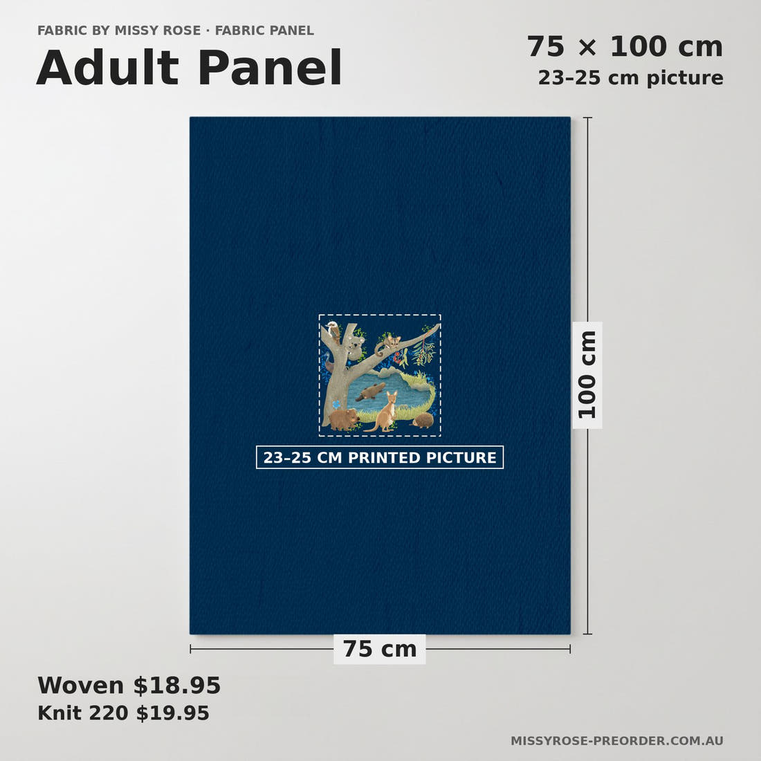 Design 172 Navy Australian Animal Panel adult panel sizing – 23–25 cm printed picture on 75 × 100 cm fabric | Fabric by Missy Rose