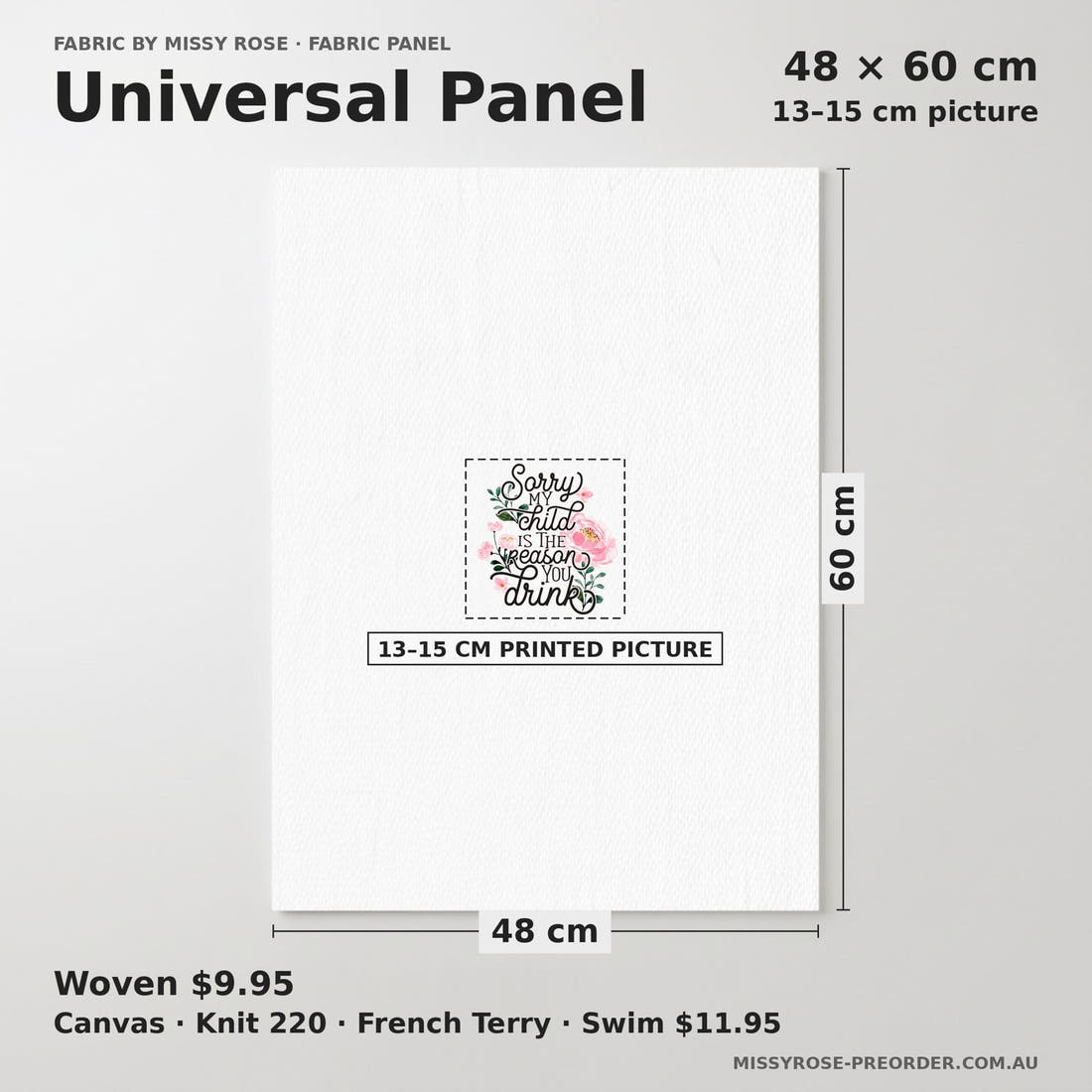 Design 173 Humour Panel universal panel sizing – 13–15 cm printed picture on 48 × 60 cm fabric | Fabric by Missy Rose