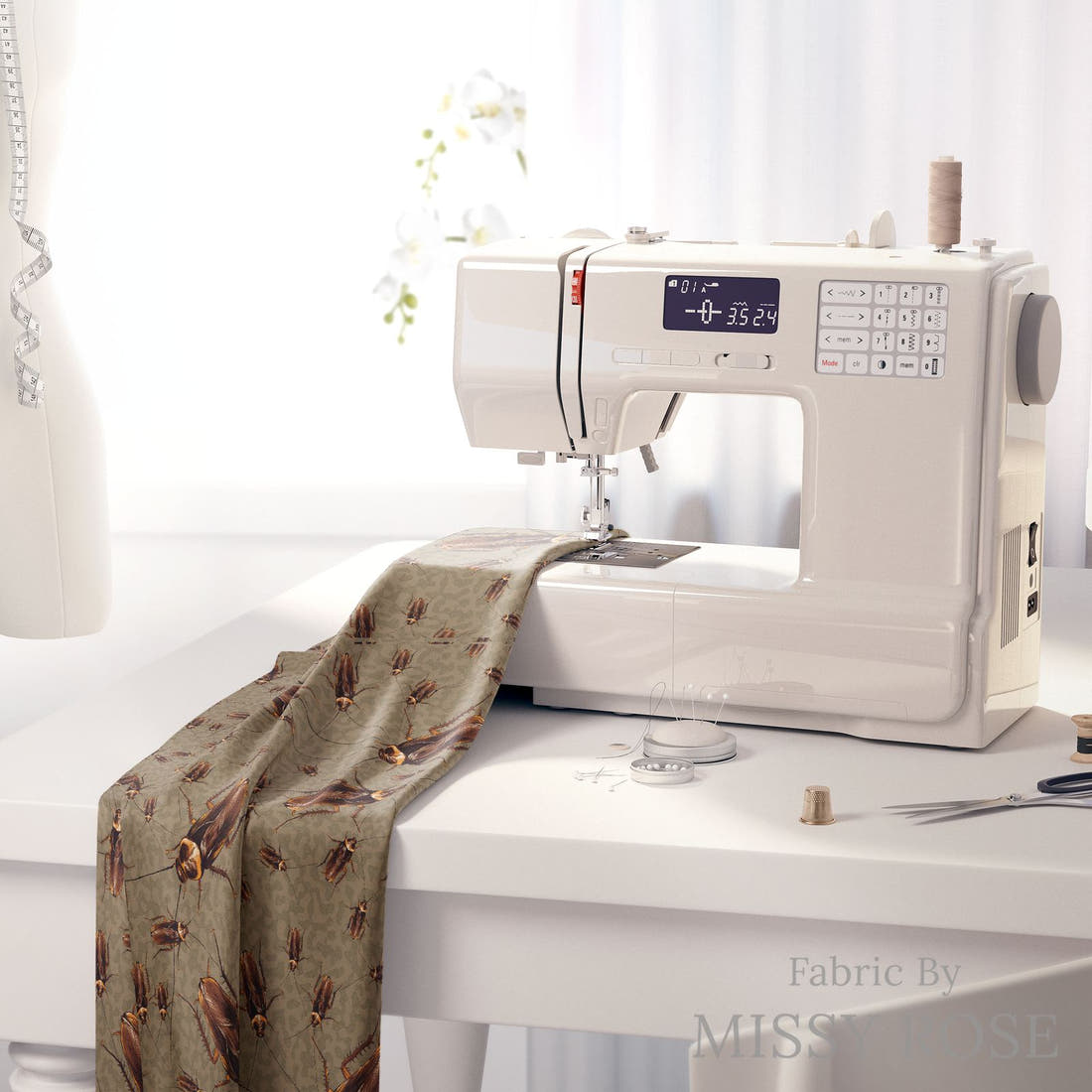 Design 174 Cockroach Fabric on a sewing machine – premium fabric for sewing projects | Fabric by Missy Rose