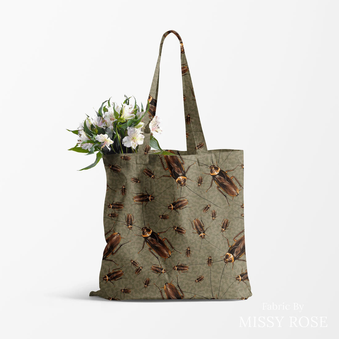 Design 174 Cockroach Fabric made up as a tote bag – see how the print looks made up | Fabric by Missy Rose