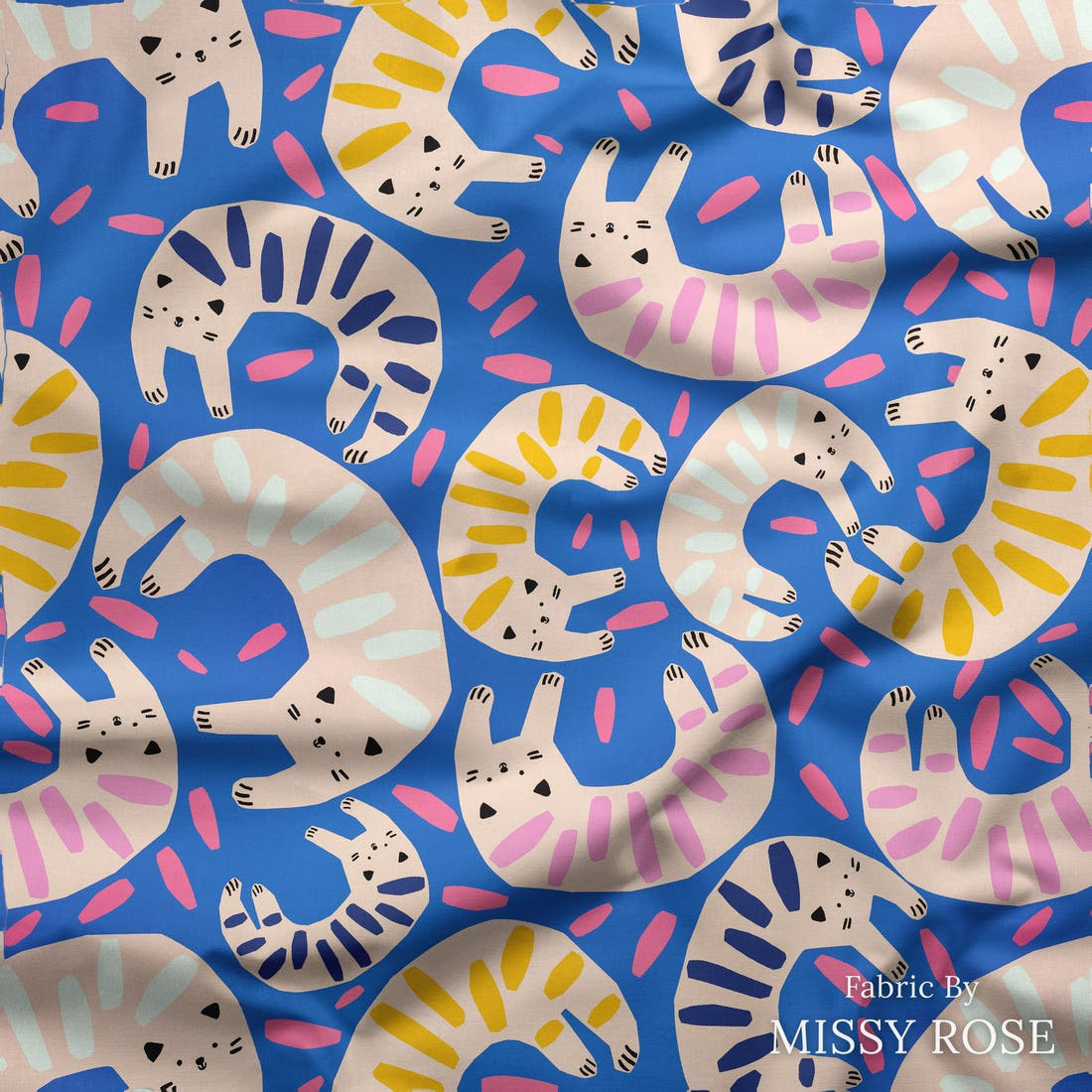 Design 175 Quirky Cats Fabric draped fabric mockup – custom printed fabric by the metre | Fabric by Missy Rose