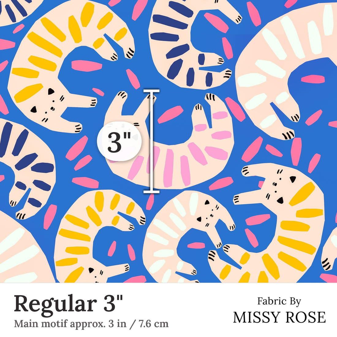 Design 175 Quirky Cats Fabric Regular 3 inch print scale guide | Fabric by Missy Rose