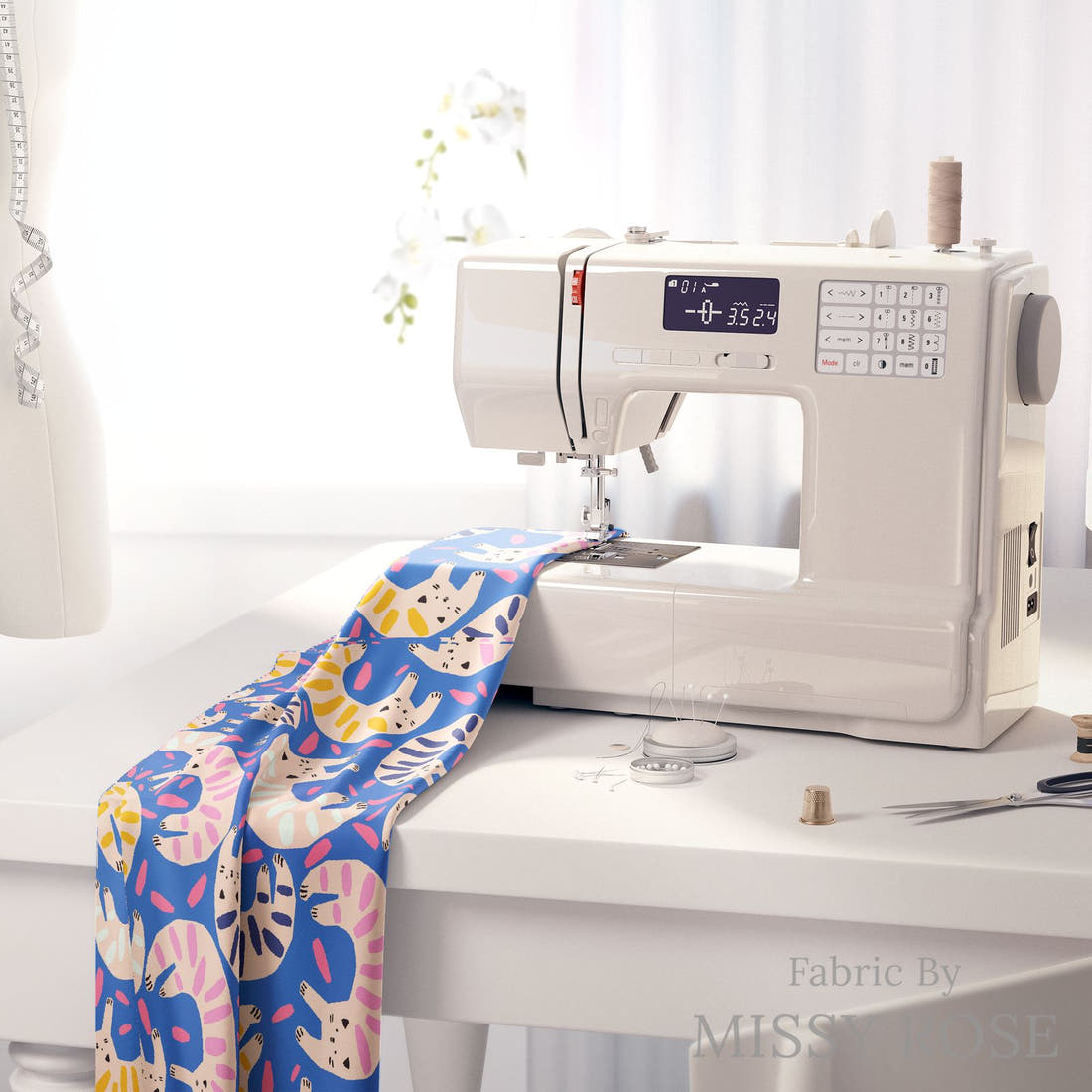 Design 175 Quirky Cats Fabric on a sewing machine – premium fabric for sewing projects | Fabric by Missy Rose