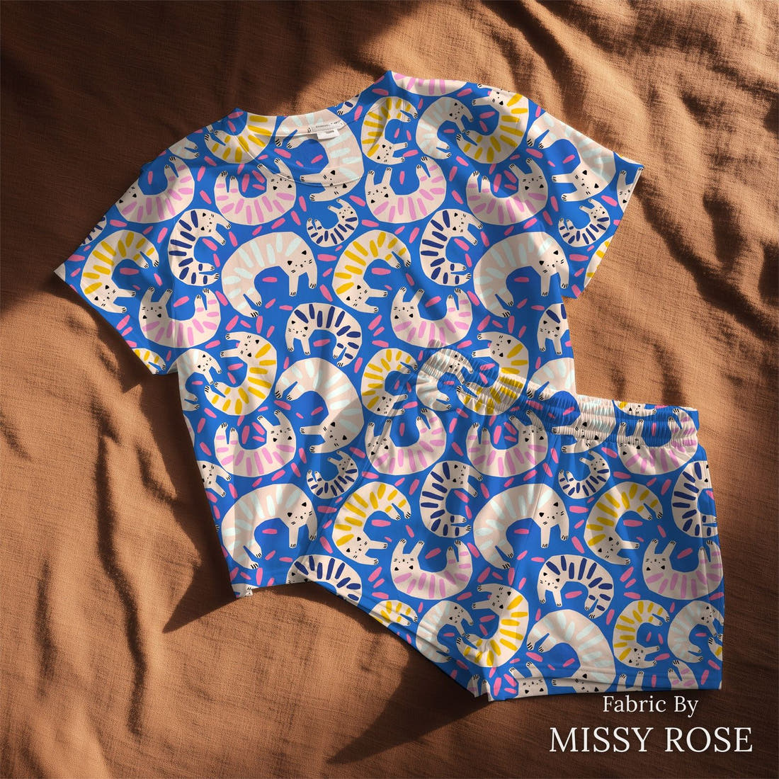 Design 175 Quirky Cats Fabric sewn into a lounge set – see how the print looks made up | Fabric by Missy Rose