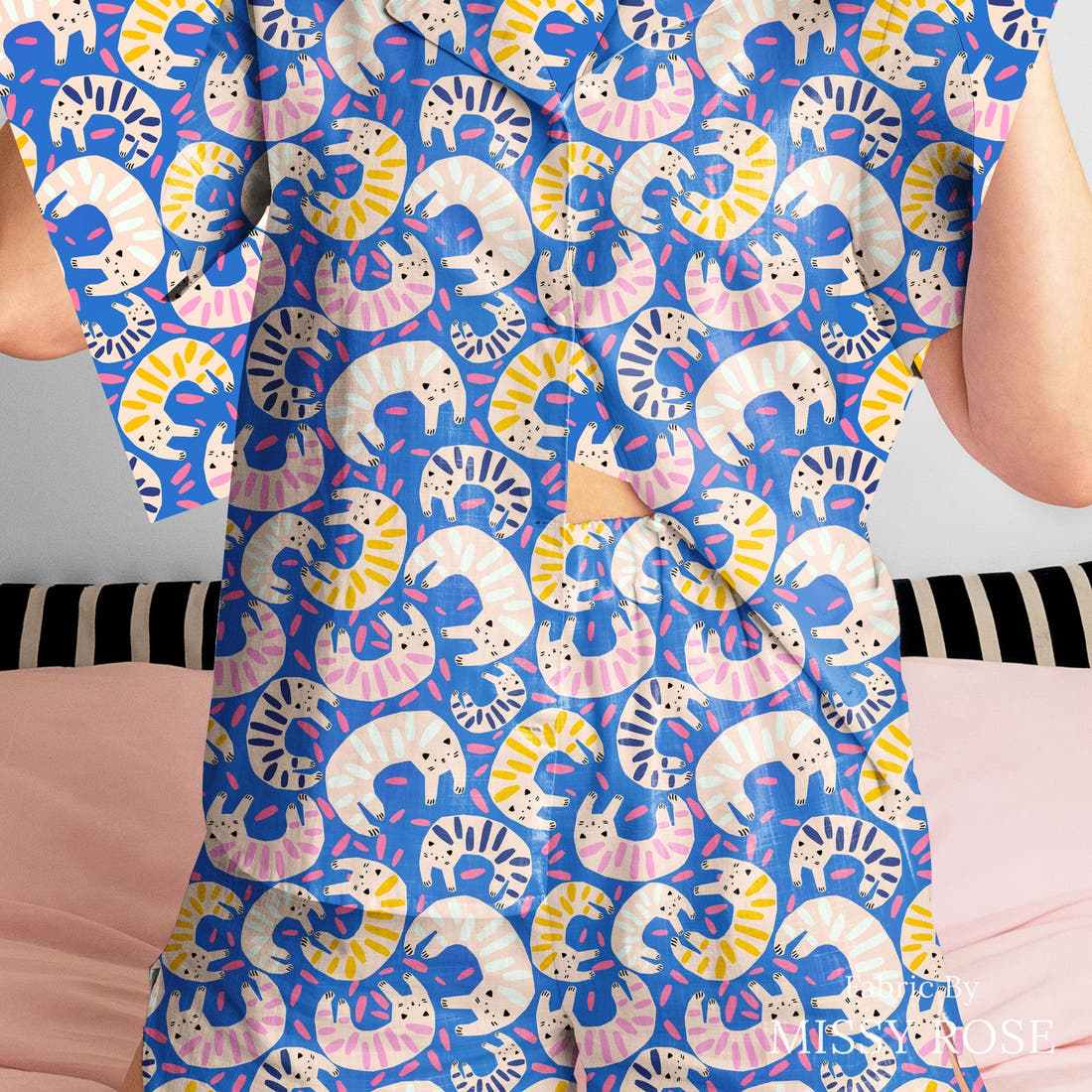 Design 175 Quirky Cats Fabric sewn into a women's pyjama set – see how the print looks made up | Fabric by Missy Rose