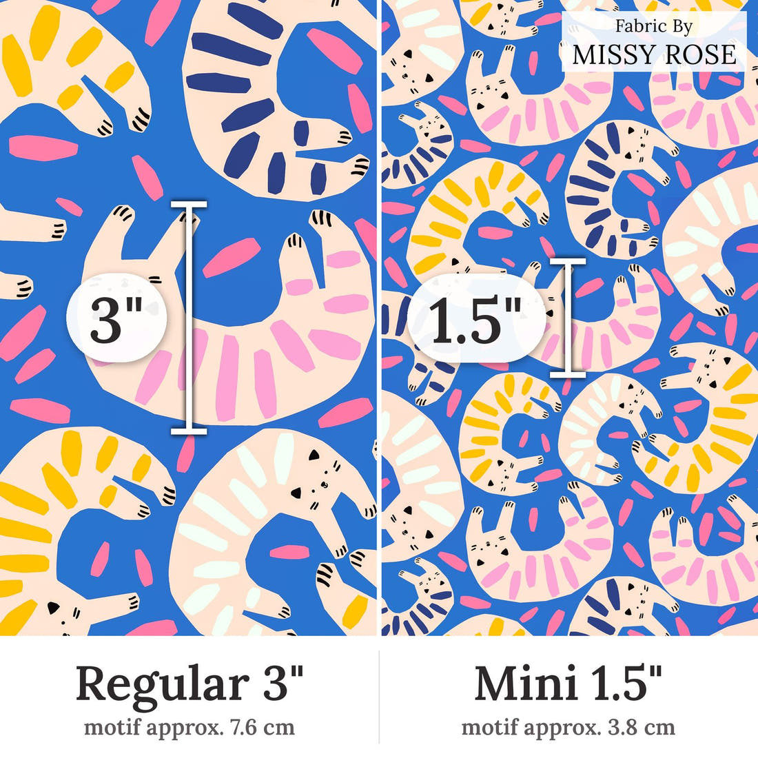 Design 175 Quirky Cats Fabric Regular 3 inch vs Mini 1.5 inch print scale side by side | Fabric by Missy Rose