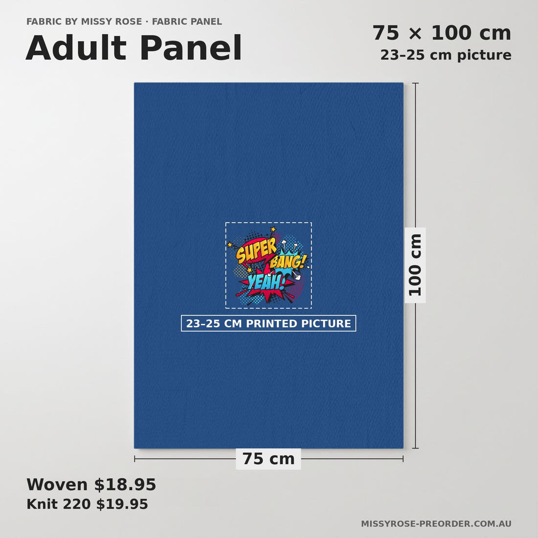 Design 176 Super Panel adult panel sizing – 23–25 cm printed picture on 75 × 100 cm fabric | Fabric by Missy Rose