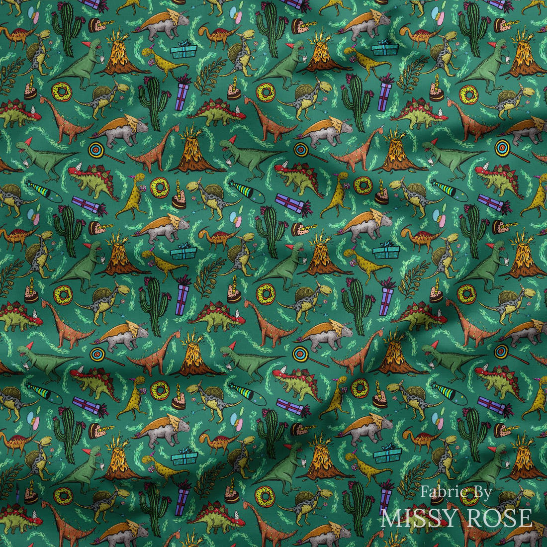 Design 177 Birthday Dinosaur Fabric draped fabric mockup – custom printed fabric by the metre | Fabric by Missy Rose
