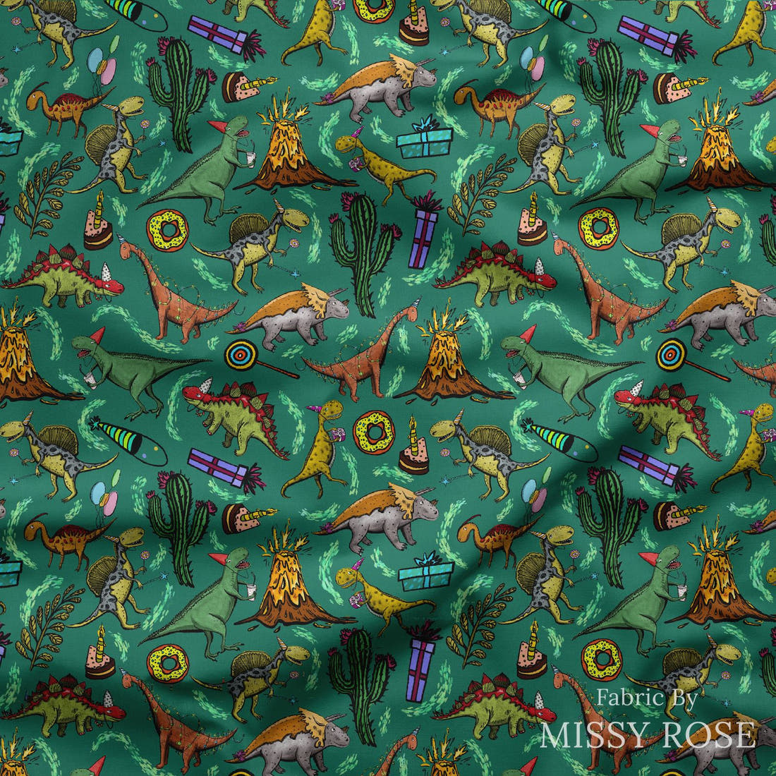 Design 177 Birthday Dinosaur Fabric draped fabric mockup – custom printed fabric by the metre | Fabric by Missy Rose