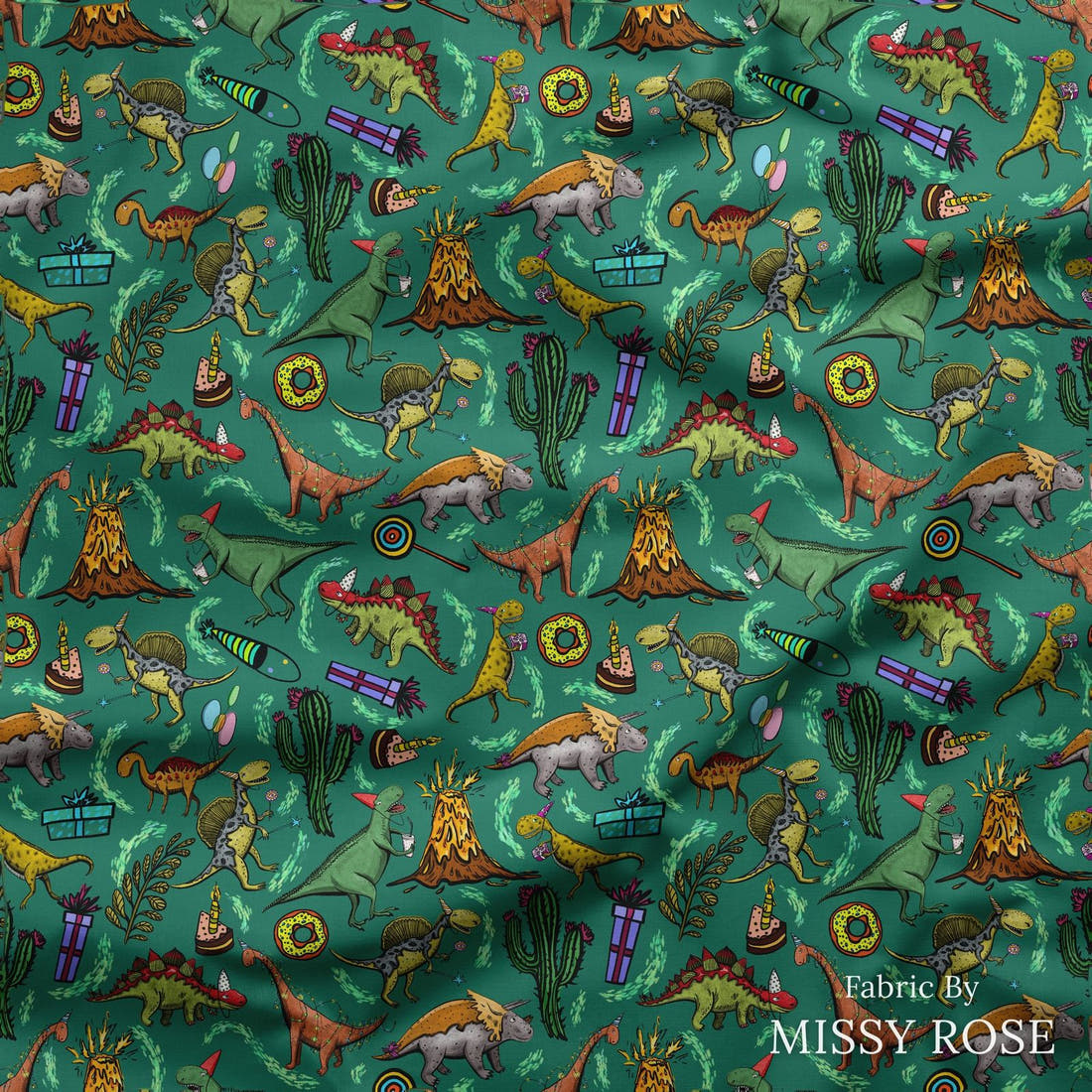 Design 177 Birthday Dinosaur Fabric draped fabric mockup – custom printed fabric by the metre | Fabric by Missy Rose