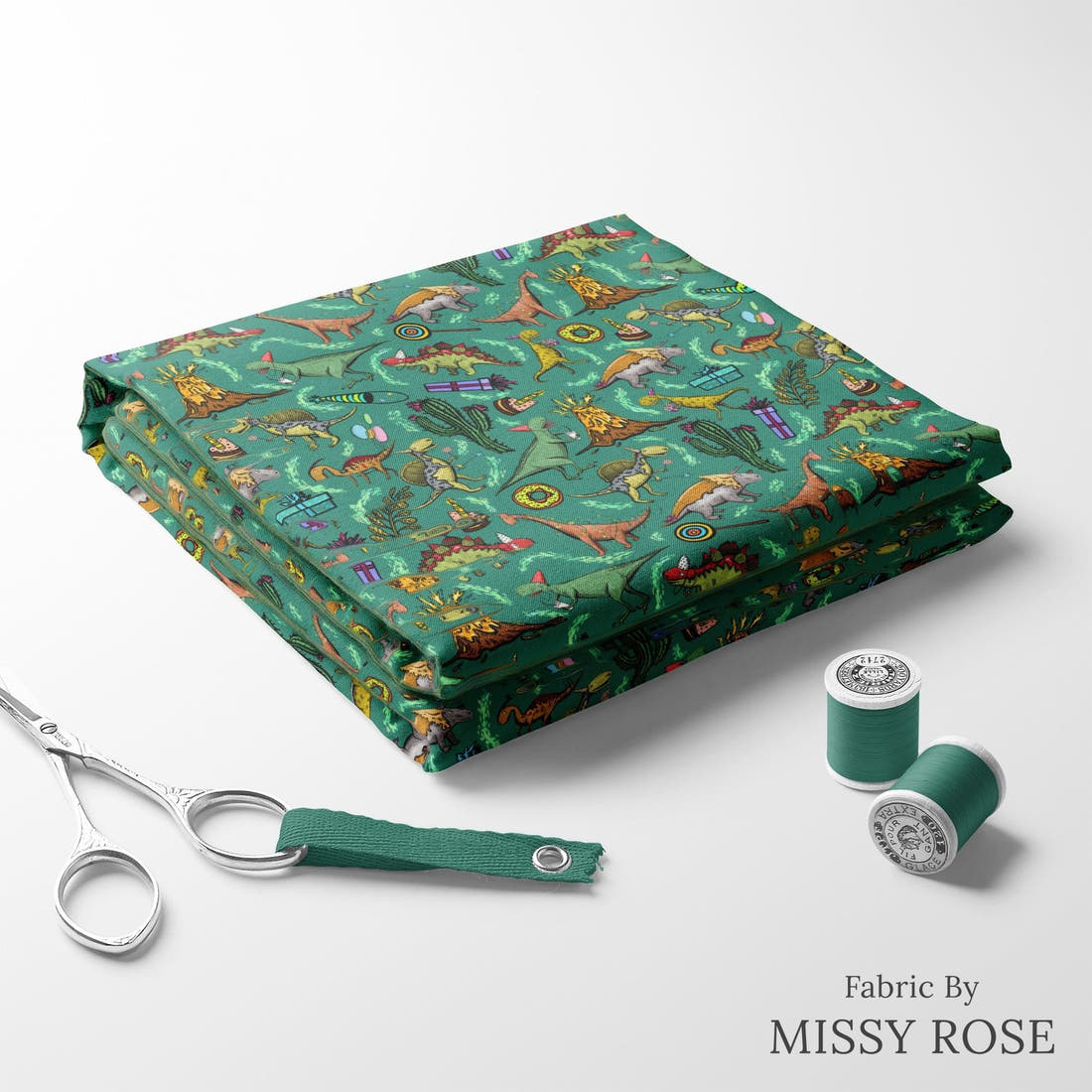 Design 177 Birthday Dinosaur Fabric folded fabric stack with matching thread – pre-order fabric Australia | Fabric by Missy Rose