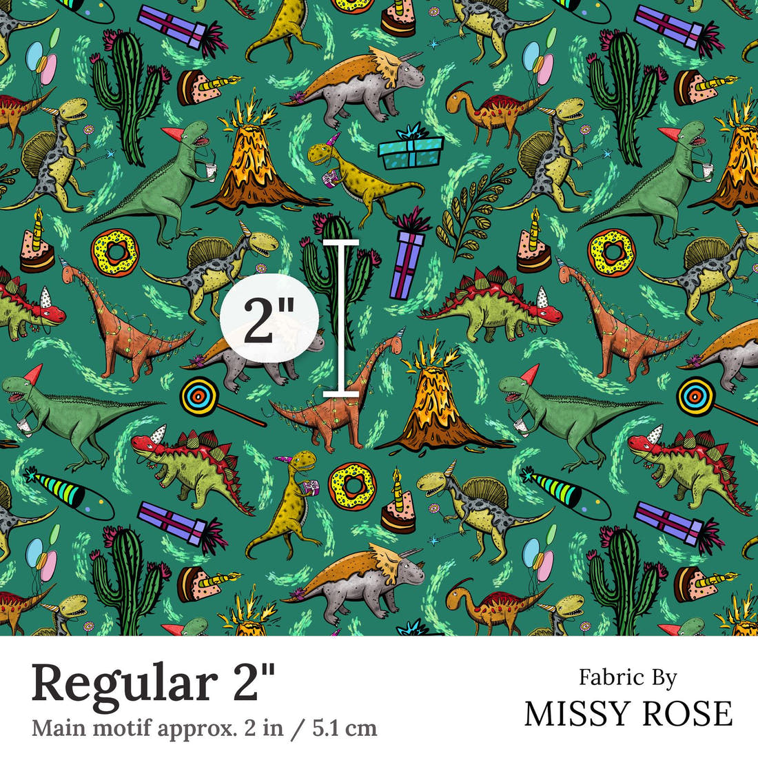 Design 177 Birthday Dinosaur Fabric Regular 2 inch print scale guide | Fabric by Missy Rose