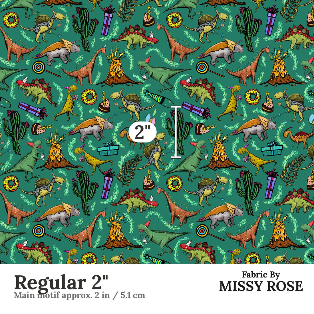 Design 177 Birthday Dinosaur Fabric Regular 2" - print scale | Fabric by Missy Rose