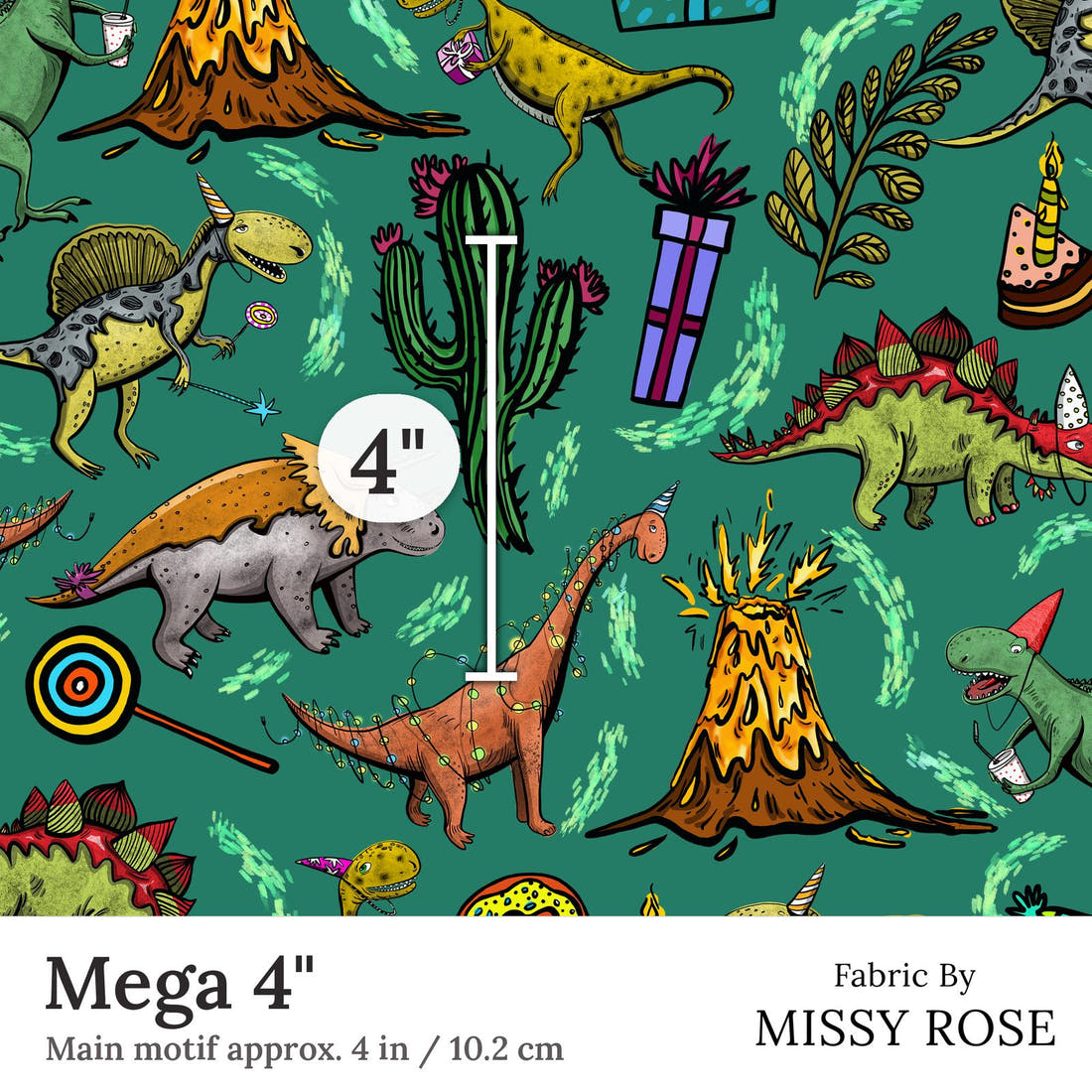 Design 177 Birthday Dinosaur Fabric Mega 4 inch print scale guide | Fabric by Missy Rose