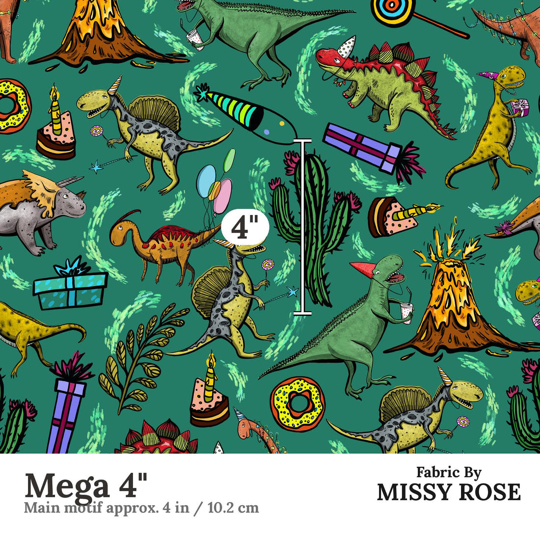 Design 177 Birthday Dinosaur Fabric Mega 4" - print scale | Fabric by Missy Rose
