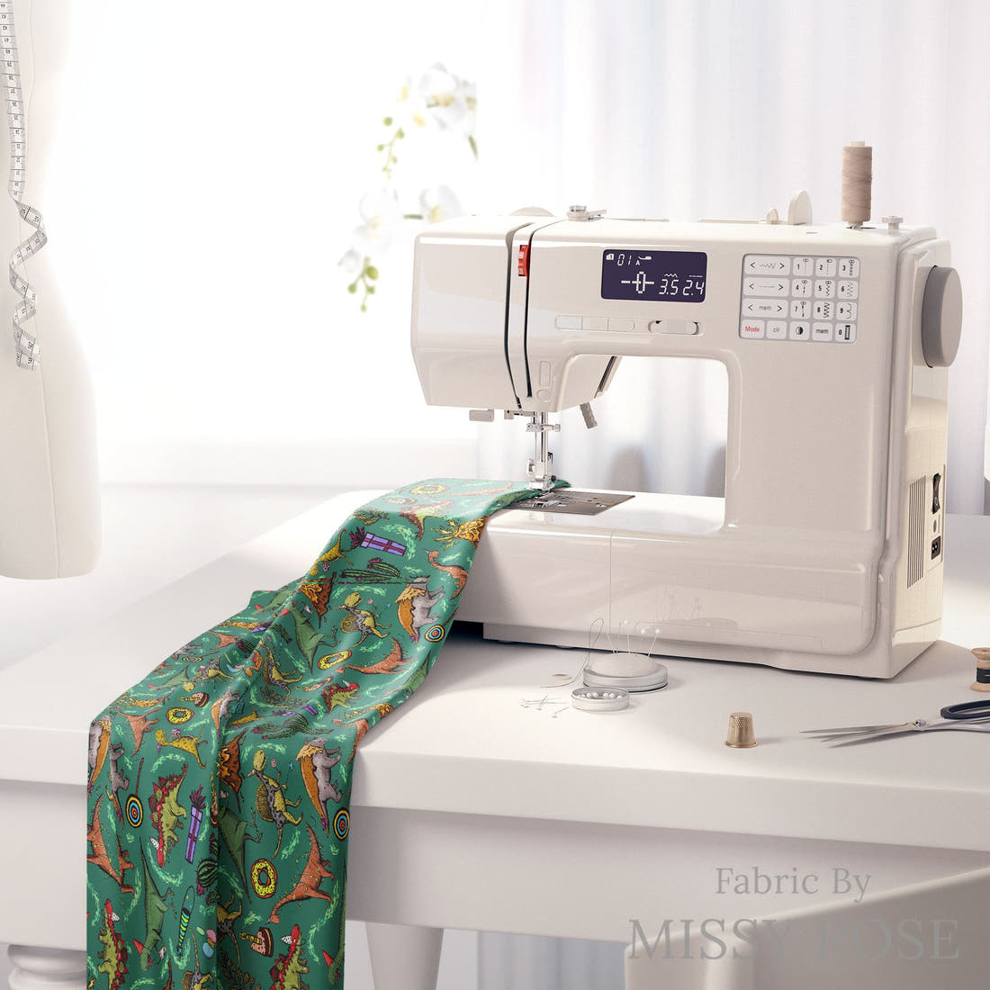 Design 177 Birthday Dinosaur Fabric on a sewing machine – premium fabric for sewing projects | Fabric by Missy Rose