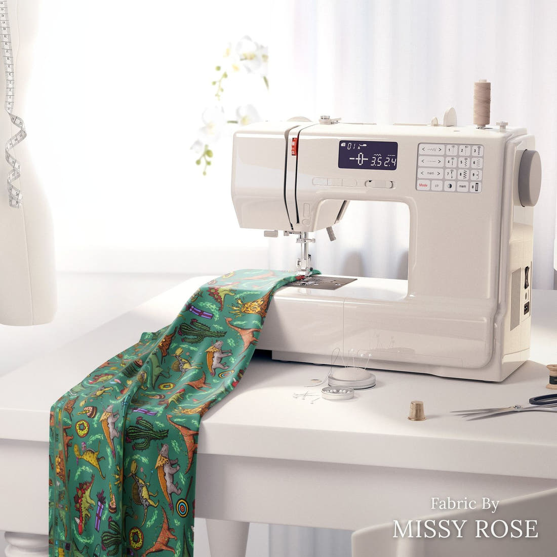 Design 177 Birthday Dinosaur Fabric on a sewing machine – premium fabric for sewing projects | Fabric by Missy Rose