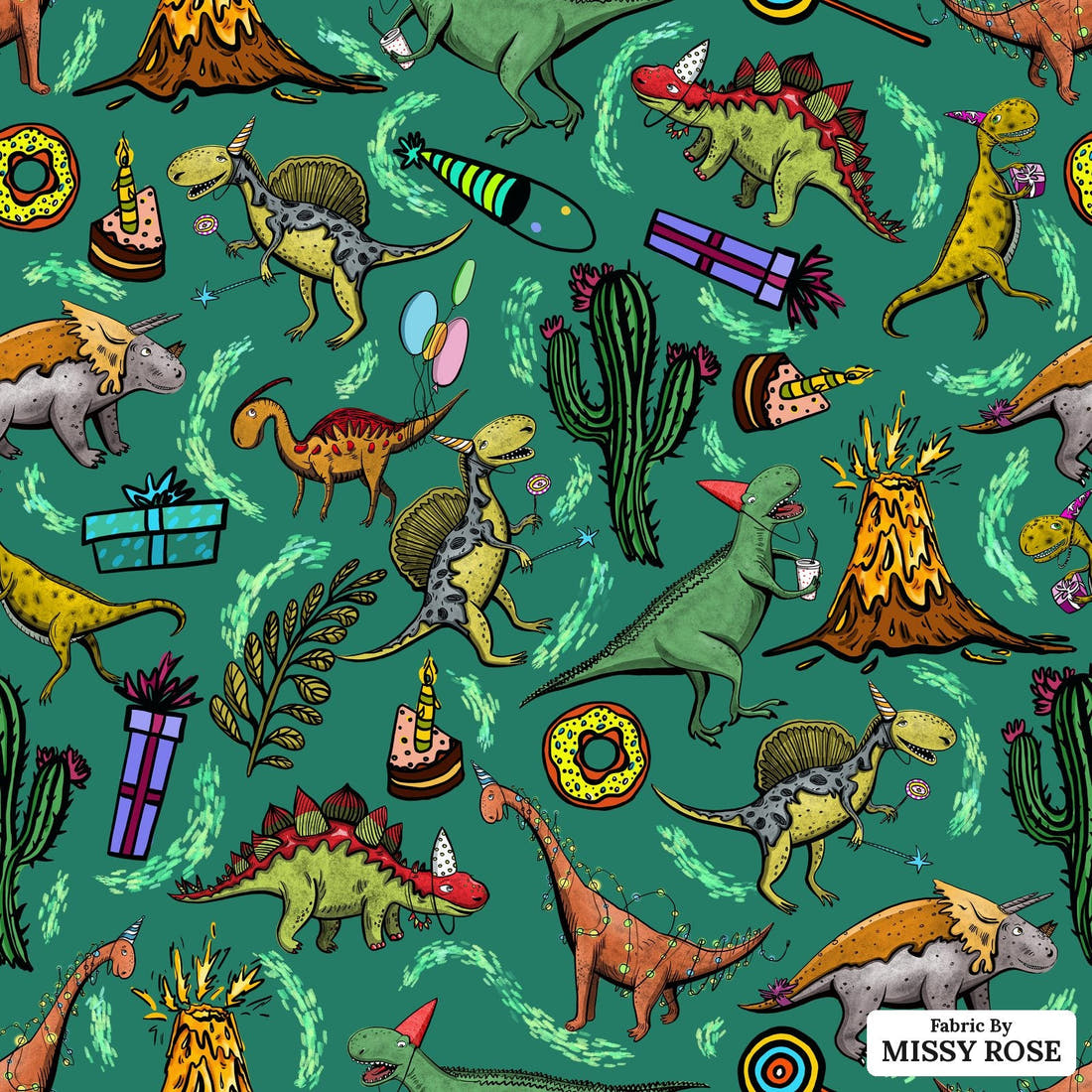 Design 177 Birthday Dinosaur Fabric - flat view of the print, zoom in for detail | Fabric by Missy Rose