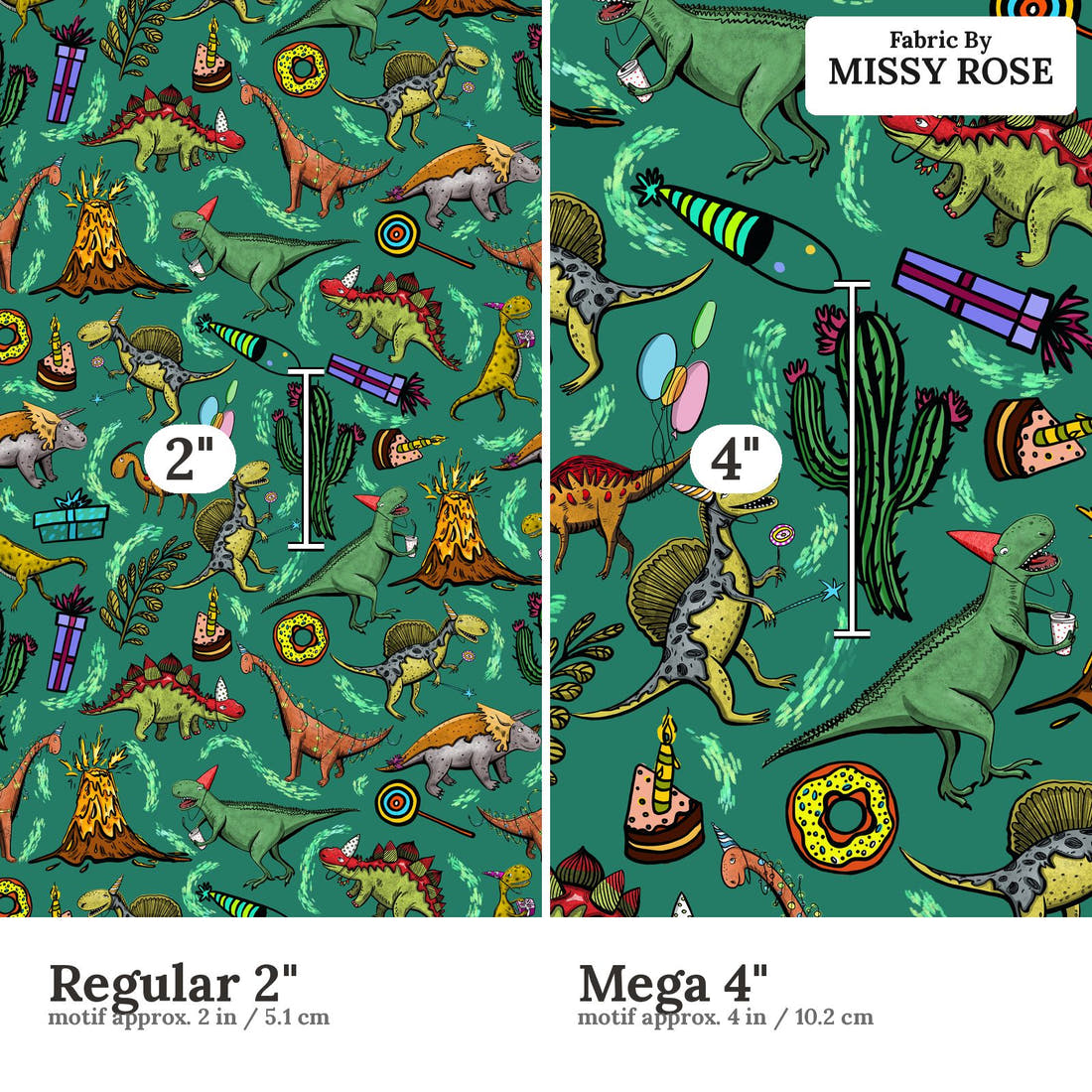 Design 177 Birthday Dinosaur Fabric size comparison - print scale | Fabric by Missy Rose