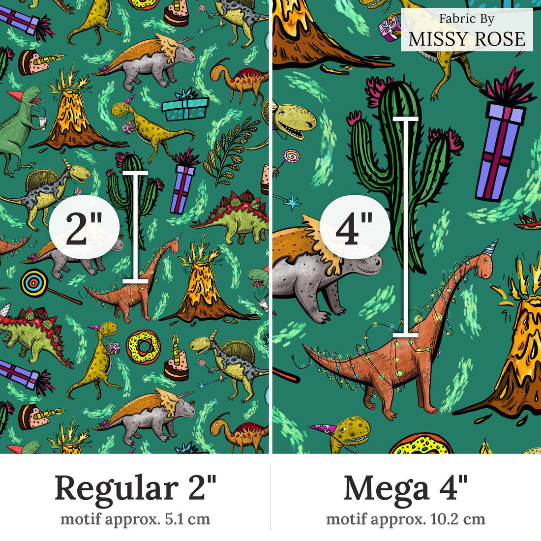 Design 177 Birthday Dinosaur Fabric Regular 2 inch vs Mega 4 inch print scale side by side | Fabric by Missy Rose