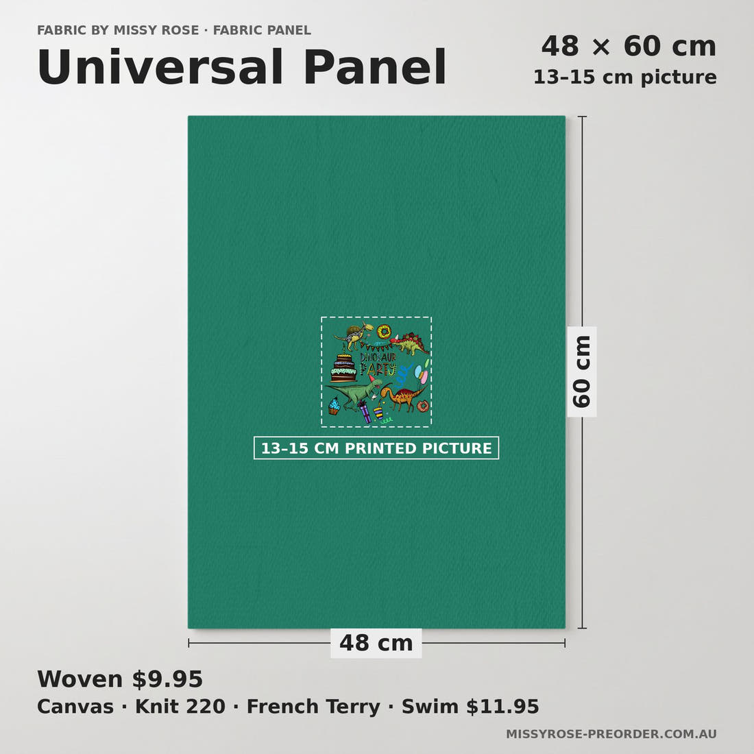 Design 177 Birthday Dinosaur Panel universal panel sizing – 13–15 cm printed picture on 48 × 60 cm fabric | Fabric by Missy Rose
