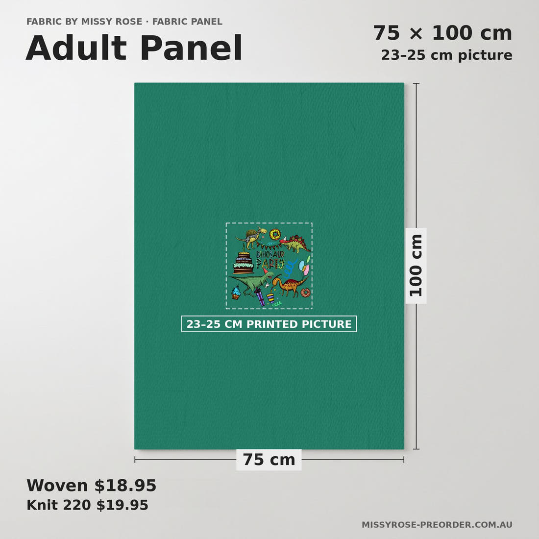 Design 177 Birthday Dinosaur Panel adult panel sizing – 23–25 cm printed picture on 75 × 100 cm fabric | Fabric by Missy Rose