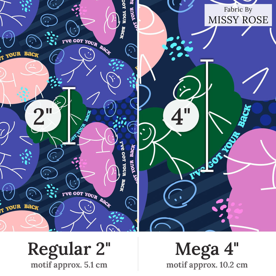 Design 178 Back Fabric Regular 2 inch vs Mega 4 inch print scale side by side | Fabric by Missy Rose