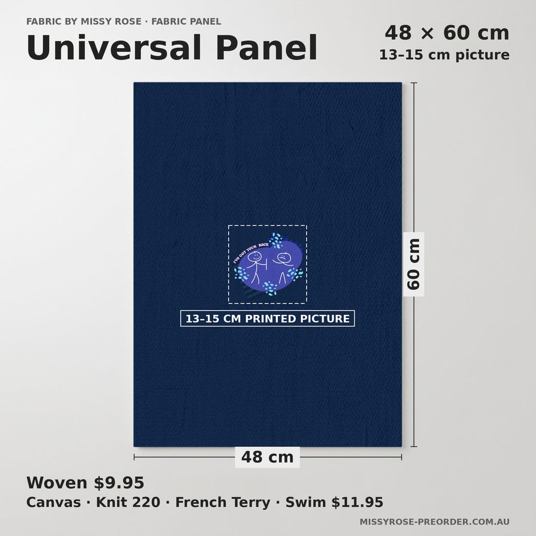 Design 178 Back Panel universal panel sizing – 13–15 cm printed picture on 48 × 60 cm fabric | Fabric by Missy Rose